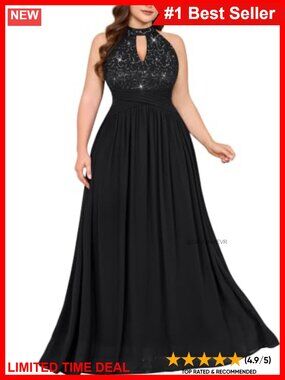 Plus Size Sequin Floral Lace Halter Maxi Dress Ruched Waist Formal